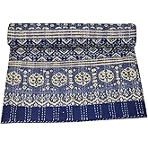 Sophia Art Queen Size Hand Block Print Kantha Quilt 90x108 Inch Ajrakh Bedspread Vegetable Dye Blanket Indigo Print Ajrakh Quilt (Blue White 3)