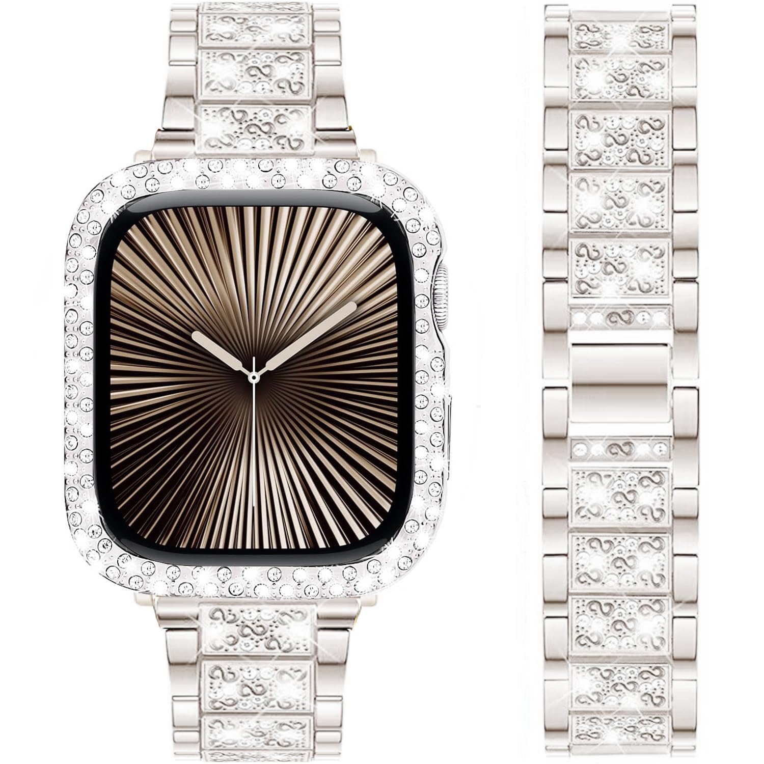 DEALELE Starp and Case Compatible with Apple Watch Series 10 42mm, Bling S-Texture Diamond Metal Bracelet with Protective Case Cover Replacement for iWatch 10 42mm Women Men (42mm, Starlight)