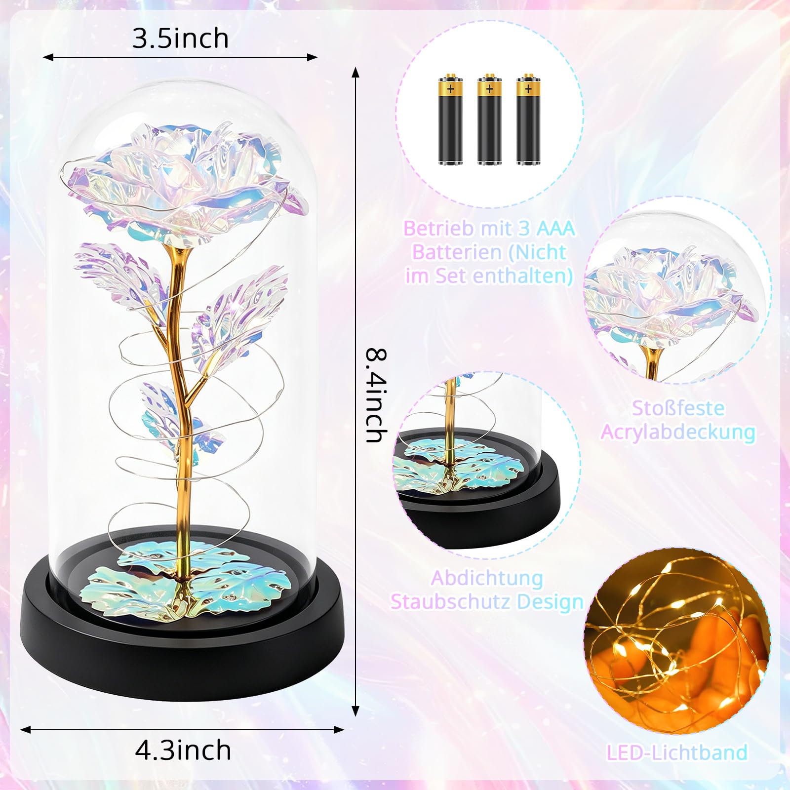 Morofme Galaxy Infinity Rose mit LED Licht, Ewige Rose Acrylhaube Stoßfest, Die Schöne und die Biest Rose, Künstliche Rosen für Frau Geschenke, Geburtstag, Jubiläum,Wohnen Schlafzimmer Büro Dekor 3