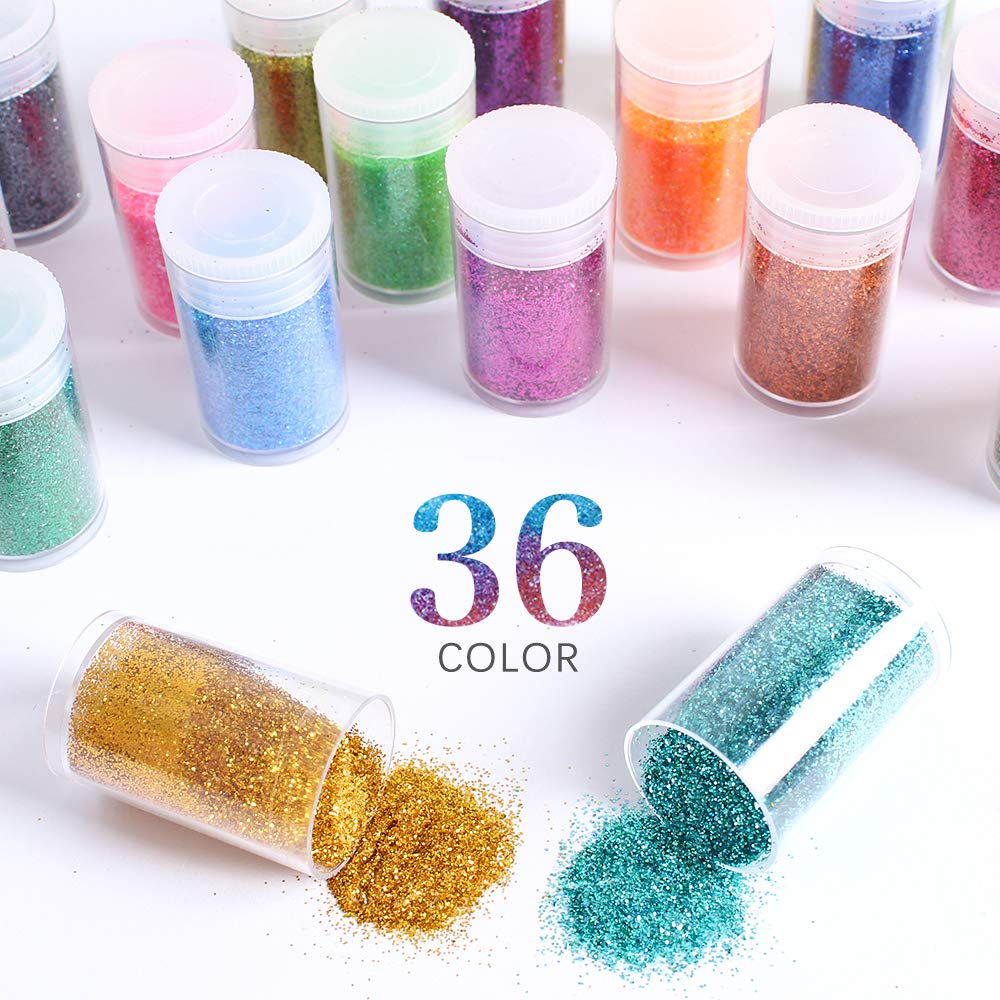 Extra Fine Glitter, Set of 36 Colors Nail Arts Cosmetic, Resin Crafts Loose Glitter Powder Shaker for Face Body Hair Eye Lip Gloss Makeup, Slime and Tumbler Making