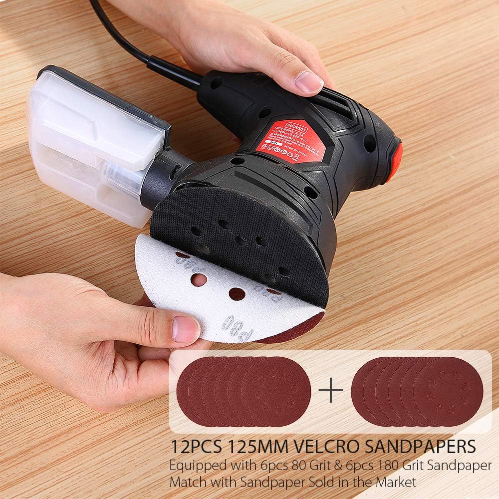 Meterk 5 Inch Random Orbit Sander 2.5A Orbital Sander with 12Pcs Sandpapers, 12000RPM, 6 Variable Speed, Efficient Dust Collector, Ideal for Finishing, Sanding, Polishing Wood - - 