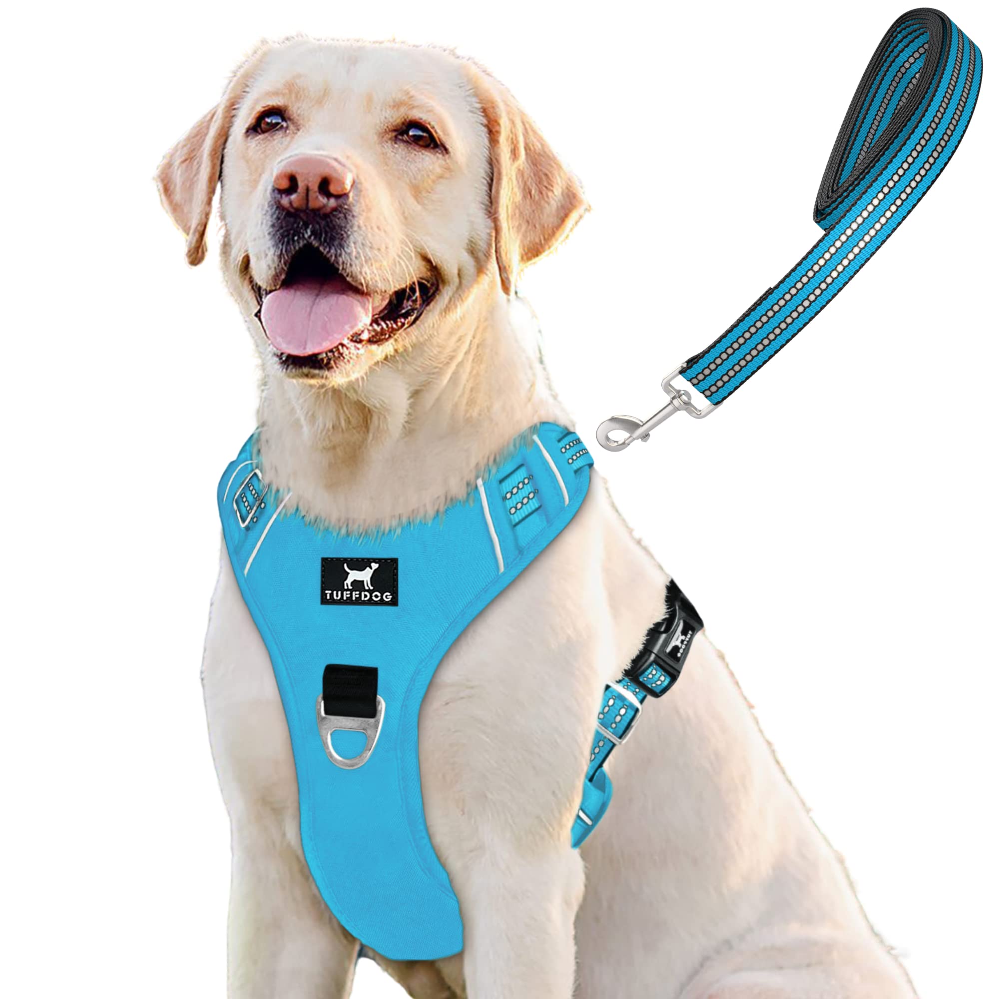 TUFFDOG Easy-Fit Dog Harness Large - Fast Release Neck Clip, Premium Padded Reflective No Pull Harness with Control Handle, Adjustable Step-in Dog Vest Plus Free Matching Lead (L, Sky Blue)