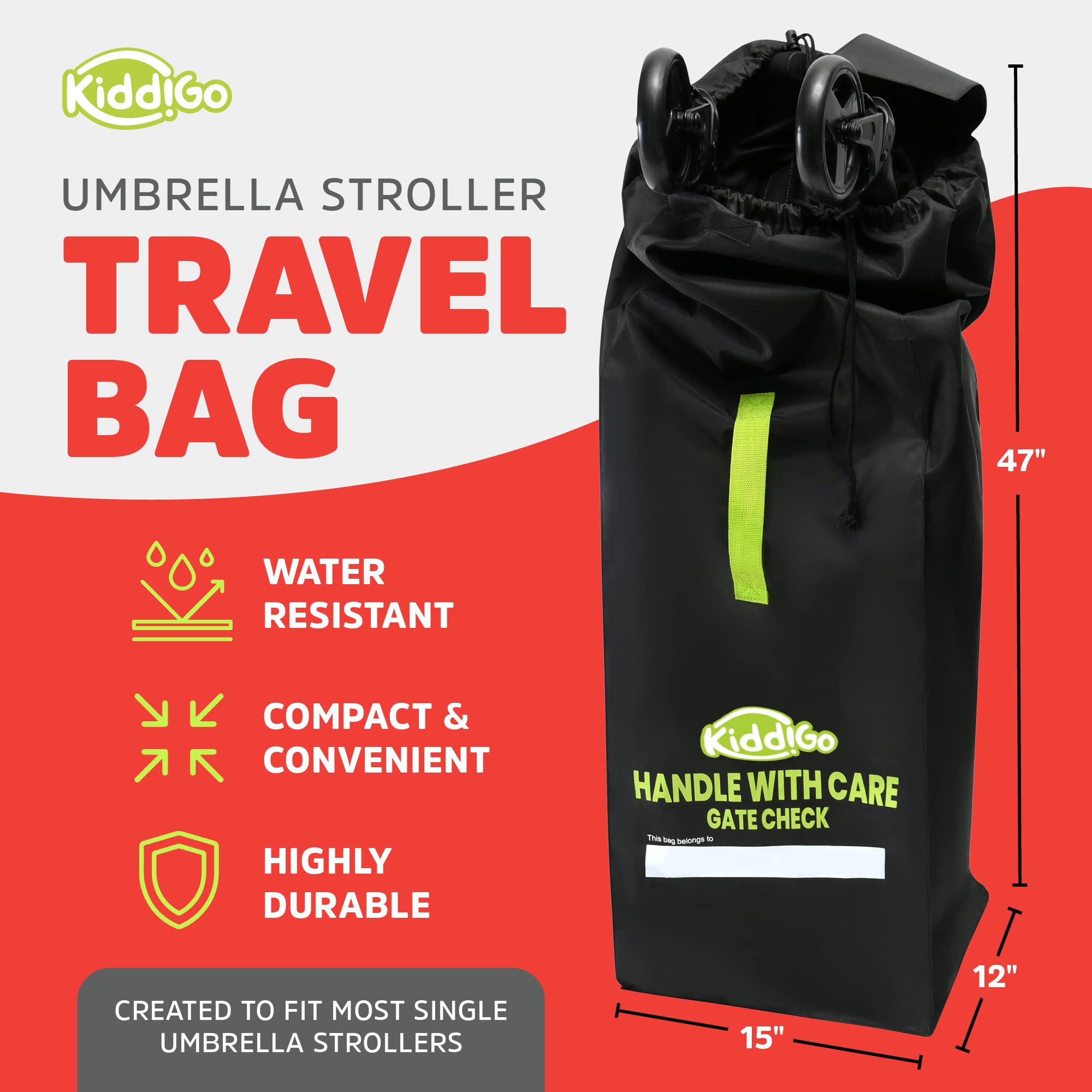 KiddiGo Umbrella Stroller Bag for Airplane Travel, Black and Green, 47