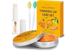 HAIOLORPRO 4PCS Turmeric Lip Scrub and Turmeric Lip Balm with Brush Set, Natural Lip Scrubber Exfoliator for Dry, Dull, Chapped, Dark lips, Reduces Fine Lines, Deeply Hydrates and Moisturizes