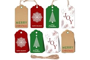 LUCKONWAY Christmas Gift Tags - 48-Pack Premium Paper Labels with Natural String, Christmas Name Stickers Featuring Snowflake, Tree, Joy Motifs for Personalizing Holiday Presents