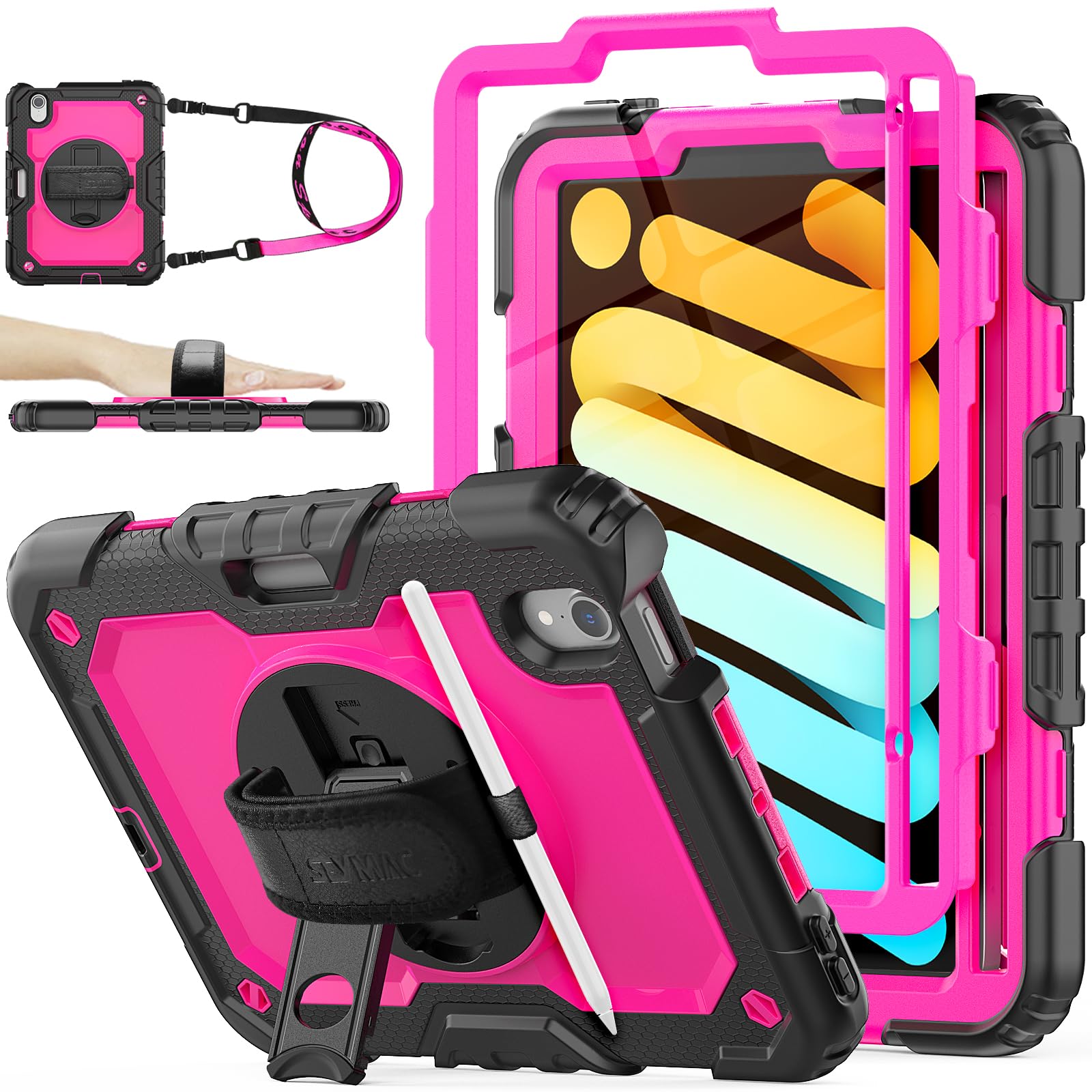 SEYMAC stock Case for iPad Mini 7 (A17 Pro)/ Mini 7th/6th Generation Case 8.3 inch(2024/2021), Full-body Shockproof Cover with 360° Rotating Stand/Hand Strap, Screen Protector & Pencil Holder, Rose