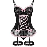 Foxiny Sexy Mesh Corset Ruffle Lace Up Underwire Sheer Garter Belt Babydoll Lingerie Set With Thong 3 Piece Women