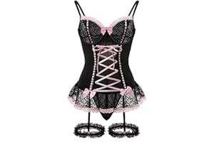 Foxiny Sexy Mesh Corset Ruffle Lace Up Underwire Sheer Garter Belt Babydoll Lingerie Set With Thong 3 Piece Women