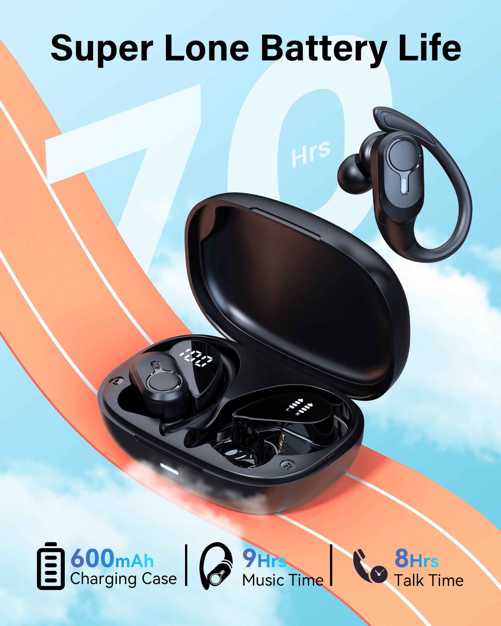 BOLOXA Wireless Earbuds, 70H Playtime Ear Buds, Bluetooth 5.3 Headphones, Sports Earphones with Earhooks, Wireless Charging Case with LED Power Display, Black