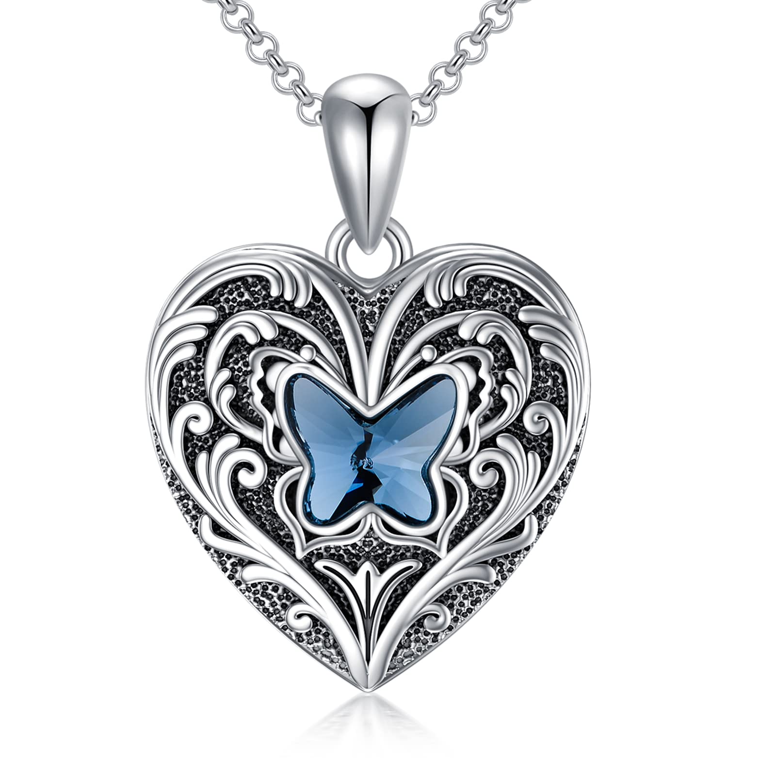 SOULMEET Blue Crystal Butterfly Heart Locket Necklace That Holds 2 Pictures Photo Custom Jewelry Personalized Locket Sterling Silver (Locket only)