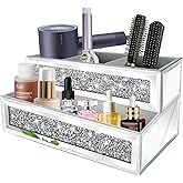 XIHACTY Mirror Hair Dryer Holder Upgrade Crystal Crush Diamond Hair Tool Organizer Wall Mount. Silver Bathroom Cabinet Tray for Blow Dryers, Hairdryer Straightener, Makeup,Brushes .(10.5”x7”x5”)