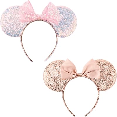DRESHOW 2 Pack Glitter Mouse Ears Headbands with Bow for Women