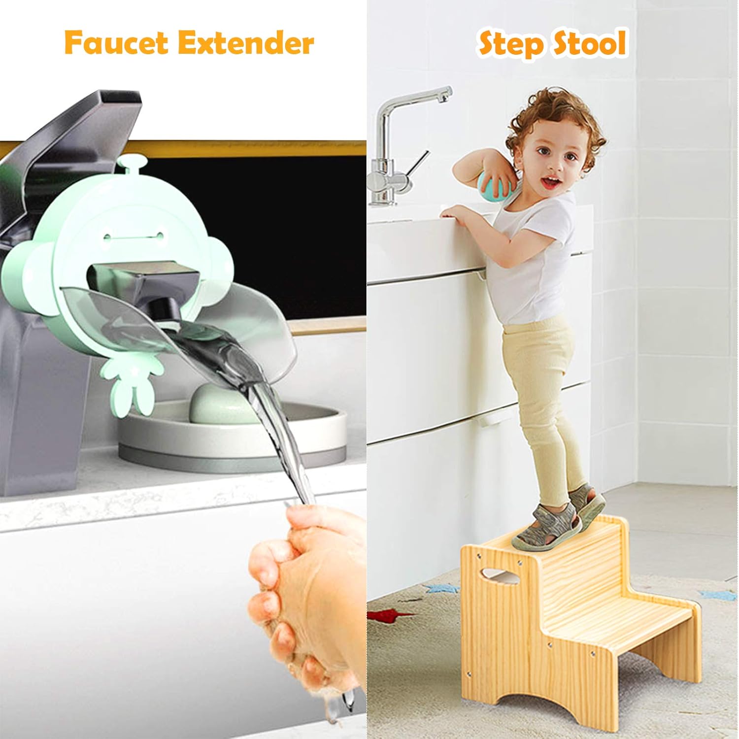 WOOD CITY Toddler Step Stool for Kids, Wooden Two Step Children's Stool with Handles, Bonus Non-Slip Pads for Safety, Bathroom Potty Stool & Kitchen Step Stools, Pine Wood: Furniture & Decor