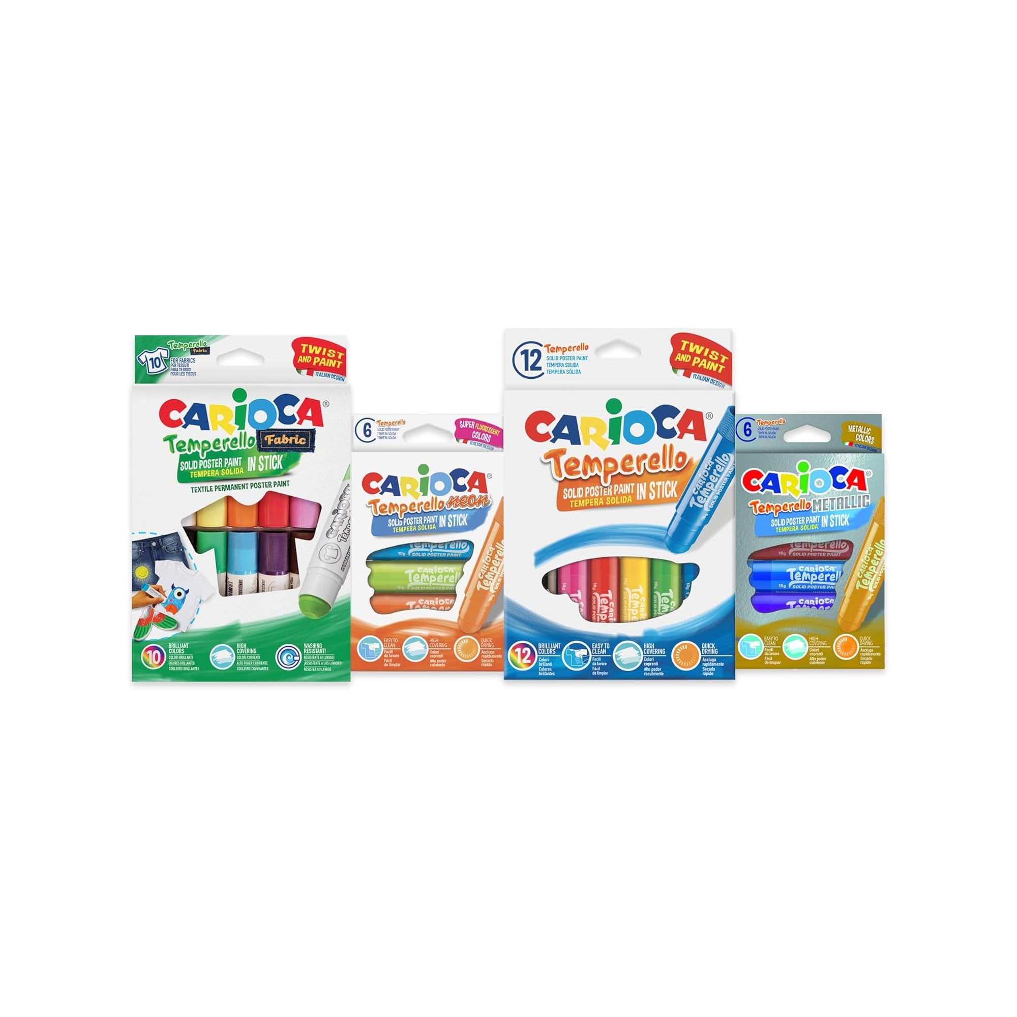 CARIOCA Tempera Set 34 Pieces: 10 Fabric Tempera for Fabrics, 6 Metallic Tempera, 6 Neon Tempera, 12 Classic Tempera - For School and Leisure (Kit of 4 Boxes Total 34 Pieces)