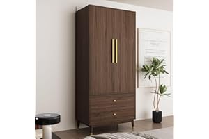 MOUMON 2-Door Wardrobe Closet with 2 Drawers, Armoire Wardrobe Closet with Hanging Rod, Bedroom Armoire Closet with Wooden Legs, Brown (31.5”W x 19.1”D x 71.1”H)