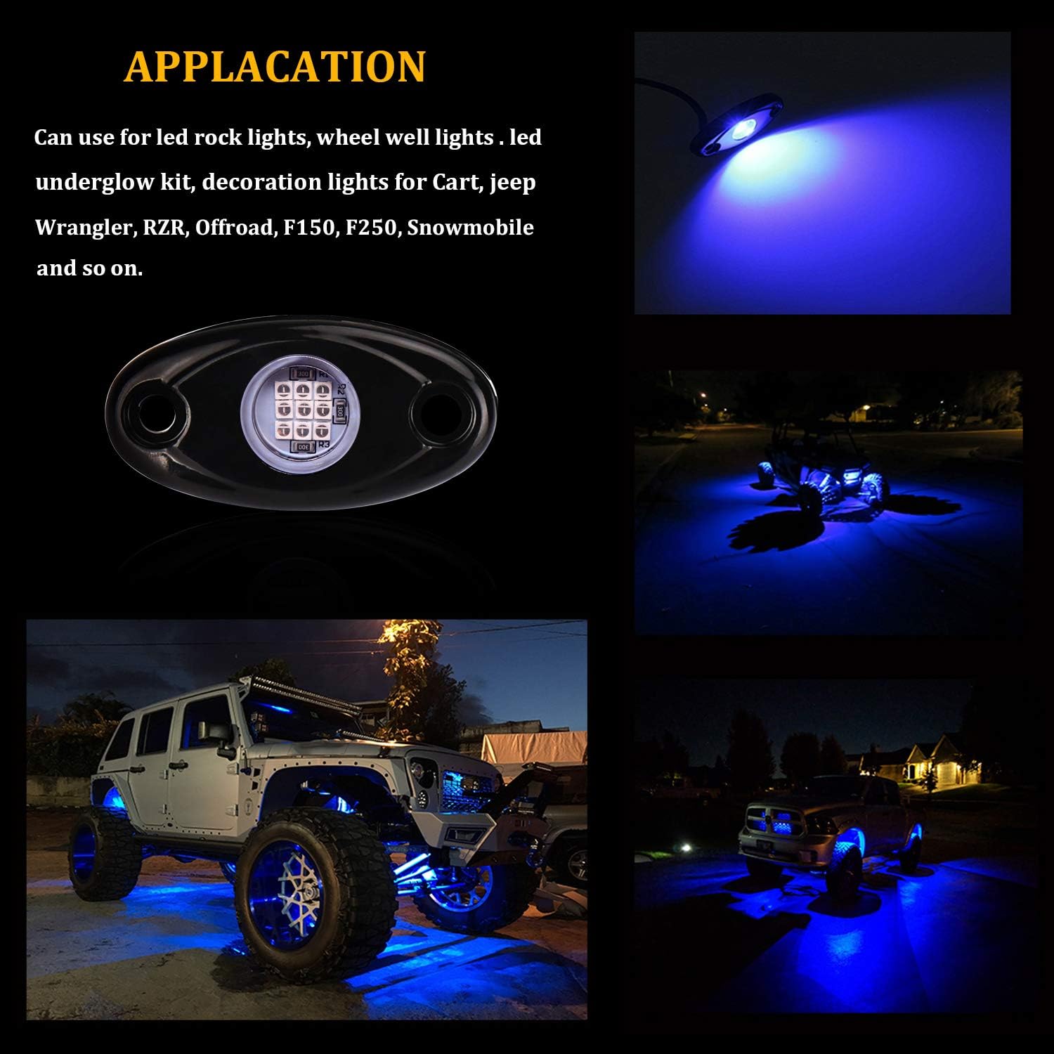 PSEQT 4Pods LED Rock Light Kit Underglow Lights for Car Offroad Jeep Truck Boat Underbody Blue Neon Lighting Glow Trail Rig Lamp Waterproof - 9 Chips Each: Automotive