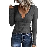 KINLONSAIR Women Casual Long Sleeve Tunic V-Neck Slim Fit T Shirts Basic Tee Tops Crew Neck Ribbed Knit Solid Shirt