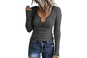 KINLONSAIR Women Casual Long Sleeve Tunic V-Neck Slim Fit T Shirts Basic Tee Tops Crew Neck Ribbed Knit Solid Shirt