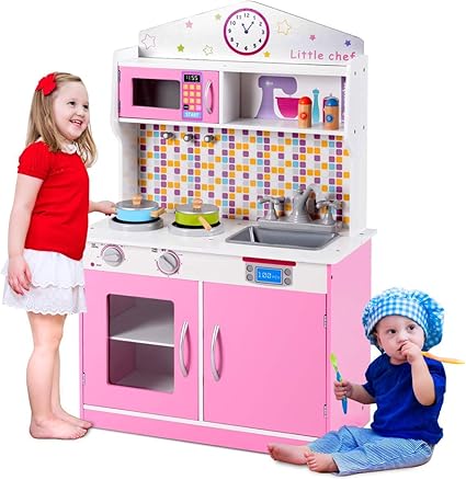 Amazon.com: BeUniqueToday - Juego de cocina infantil de madera para cocinar y jugar a los niños, juego de cocina, juego de alimentos para cocinar, juguete de regalo para niños, color rosa: Toys