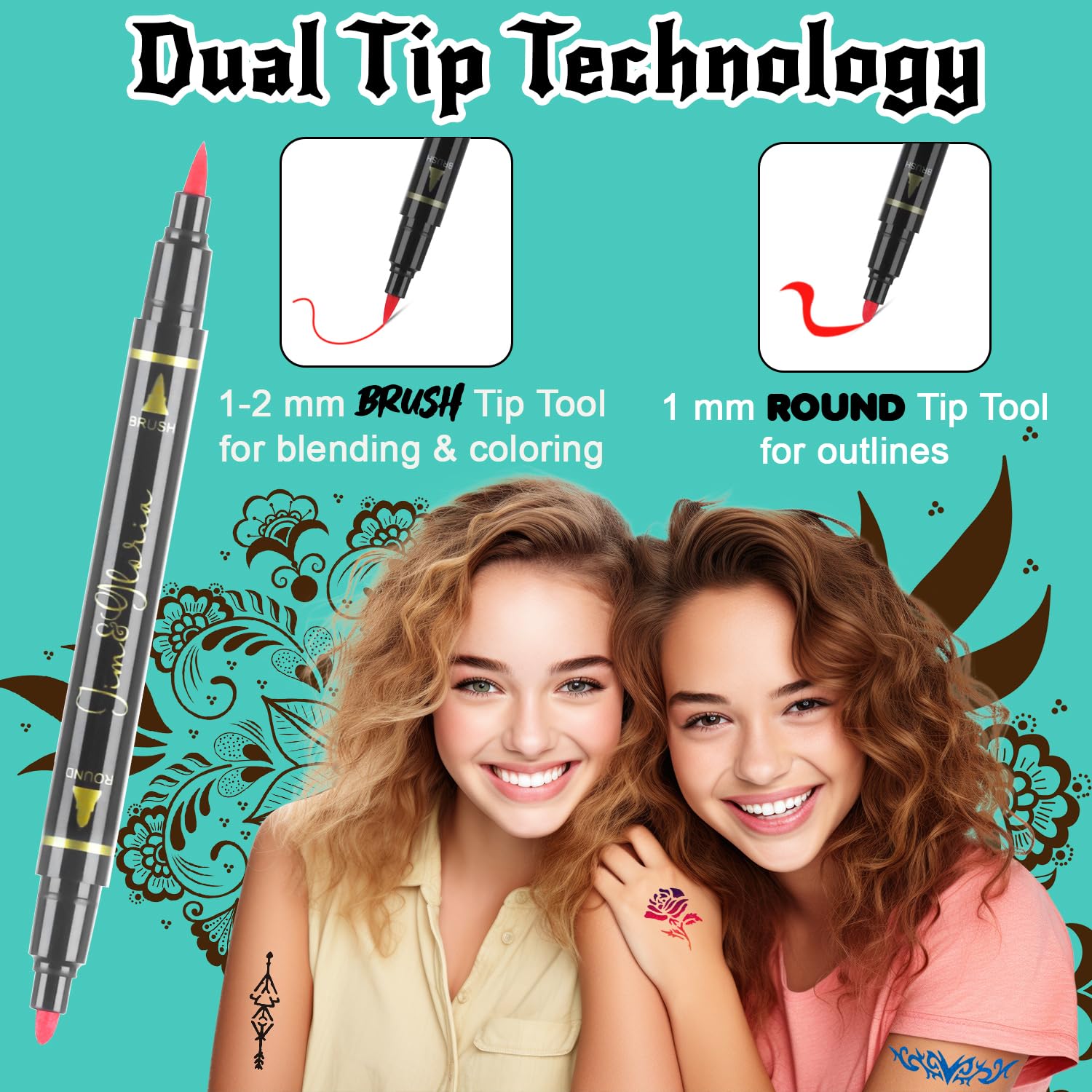 Jim&Gloria Body Art Tattoo Pen Dual Tip 10 Colors with GOLD SILVER Temporary Tattoo Markers Skin Pen Body Markers Skin Marker Face Paint Kids Teen Girl Gifts Trendy Stuff 8 9 10 11 12 13 14 Years Old