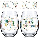 2 Pieces Christmas Stemless Wine Glass, 17 oz Merry Christmas Happy Holiday Wine Glass Funny Mug Cup, Christmas New Year Gifts for Women Men Mom Dad Wife Husband