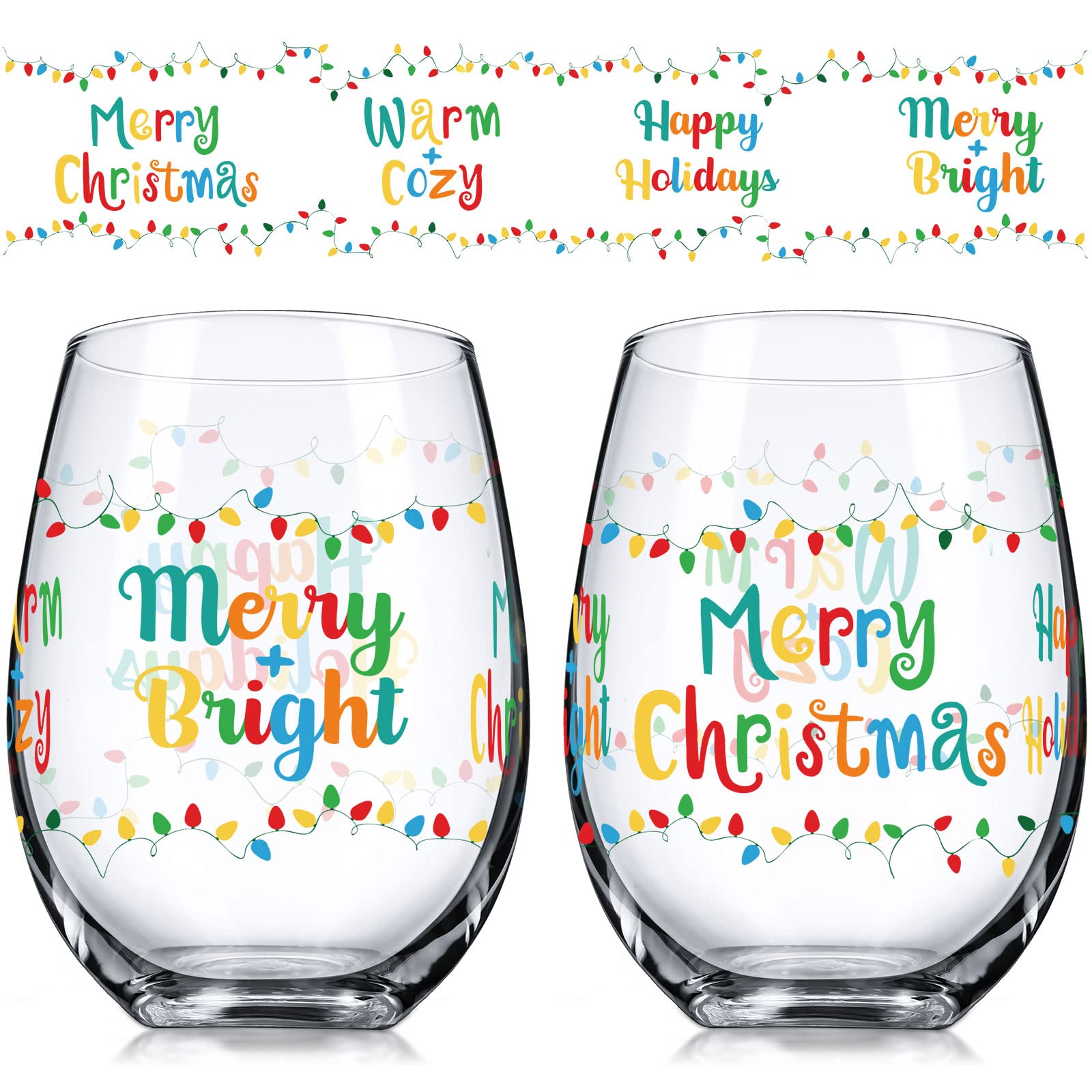 Photo 1 of 2 Pieces Christmas Stemless Wine Glass, 17 oz Merry Christmas Happy Holiday Wine Glass Funny Mug Cup, Christmas New Year Gifts for Women Men Mom Dad Wife Husband