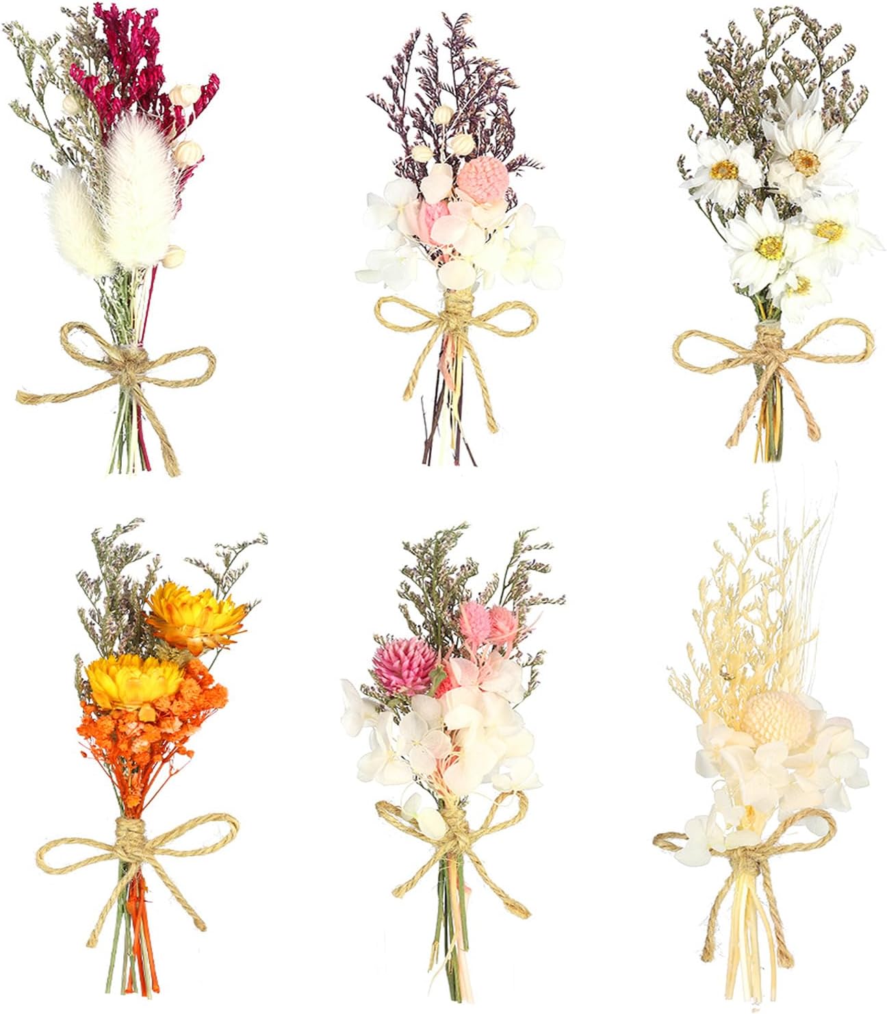 Dried & Preserved Flora - Chenkaiyang 6Pcs Mini Dried Flowers Bouquet, Mixed Natural Dried Flowers Gypsophila Bouquets Boutonniere Table Centerpieces Birthday Cake Flowers for DIY Crafts with 3 Flower Stickers 10m Hemp Rope