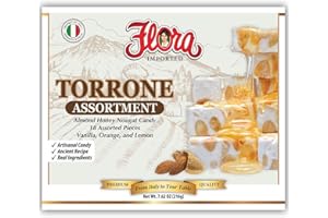 FLORA FINE FOODS Flora Foods Assorted Italian Torrone – 18 Almond Honey Nougat Pieces – Vanilla, Lemon & Orange Flavors – Less Than 60 Calories Each – Made in Italy – 7.62 oz Box