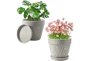Melphoe Plant Pots Indoor with Drainage & Saucer, 2Pack 7 inch Flower Pots Outdoor Planters for Indoor Plants Garden Home Decor Cactus Succulent, Rigid Plastic (Imitation-Terracotta) Vine-Embossed