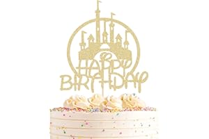 AHAORAY Castle Birthday Cake Topper - Gold Glitter Castle Theme Birthday Party Cake Decoration Supply - Princess Prince Happy Birthday Cake Topper Photo Prop
