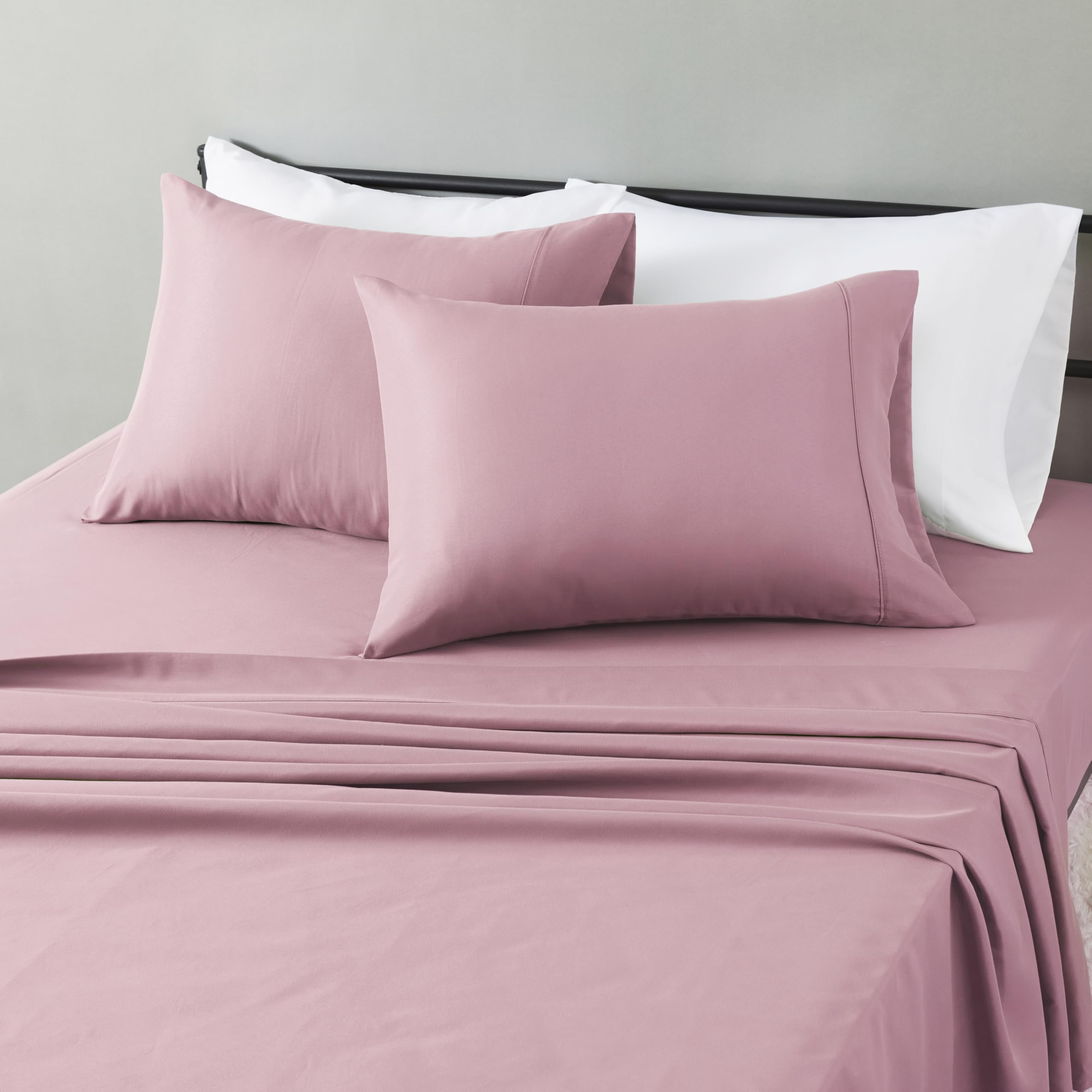 Photo 1 of Amazon Basics Lightweight Microfiber 4-Piece Bed Sheet Set, Rose, Solid, Queen