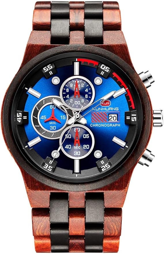 Amazon Gavhu メンズウォッチ 木製腕時計 カレンダー機能 アナデジ クラシックファッションビジネスウォッチ 夜間表示 多機能木製文字盤 スポーツウォッチ カレンダー付き 日付 ギフト 贈り物 0 赤と青 メンズ腕時計 腕時計 通販