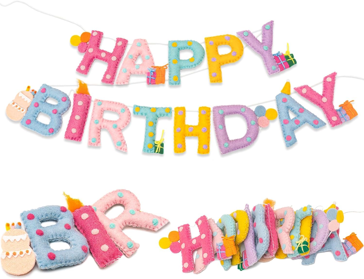 Updated Pre-Strung Handmade Wool Felt Pastel Happy Birthday Banner, Unique 3D Confetti Dots Happy Birthday Garland Decor, Reusable Happy Birthday Sign for Macaron Rainbow Party Backdrop Decorations — image 1