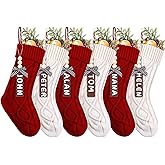 HDKJRN Set of 6 Personalized Christmas Stockings with Wooden Name Tags, 18" Xmas Cable Knitted Stocking – Holiday Hanging Decor Gifts for Family Party (White, Red)