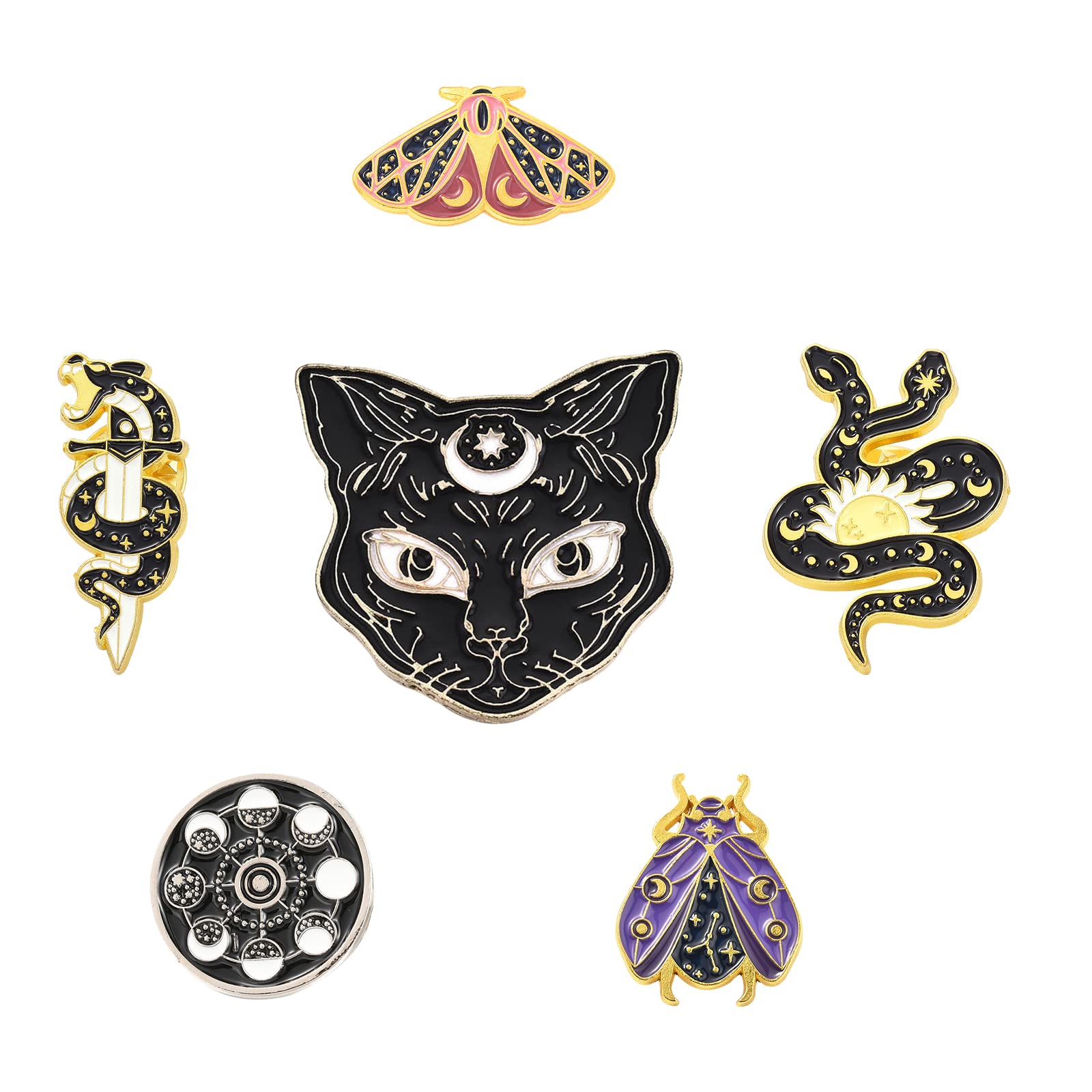 SUNNYCLUE 1 Box 6Pcs 6 Style Snake Enamel Brooches Cat Butterfly Pins Bulk Outdoors Enamel Moon Stars Flat Round Alloy Brooches for Backpacks Badges Hats Bags Shirt Women Decorations