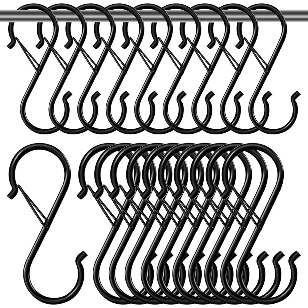 GZLFH Pack of 20 S-Shaped Hooks, S Hooks, Multifunctional Anti-Drop Metal Hooks with Safety Spring Buckle Design for Kitchens, Bathrooms and Offices (Black)