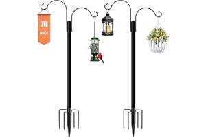 Ottsuls Bird Feeder Pole, 2 Pack 76 INCH Double Shepherds Hooks for Outdoor, Garden Pole with 5 Base Prongs Heavy Duty Planter Hooks for Hanging Plant Baskets, Lantern, Hummingbird Feeder