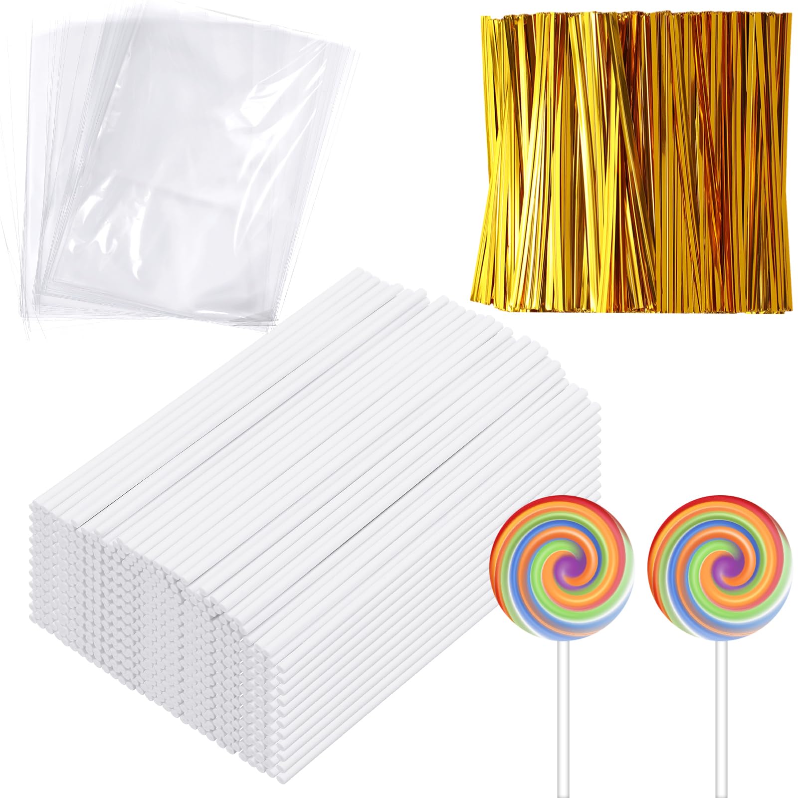 Photo 1 of 1800 Pcs Cake Pop Sticks and Wrappers Kit Including 600 Pcs 6 Inch Lollipop Stick 600 Pcs Clear Treat Bags Parcel 600 Pcs Gold Twist Ties Making Tools for DIY Lollipops, Chocolates, Candies