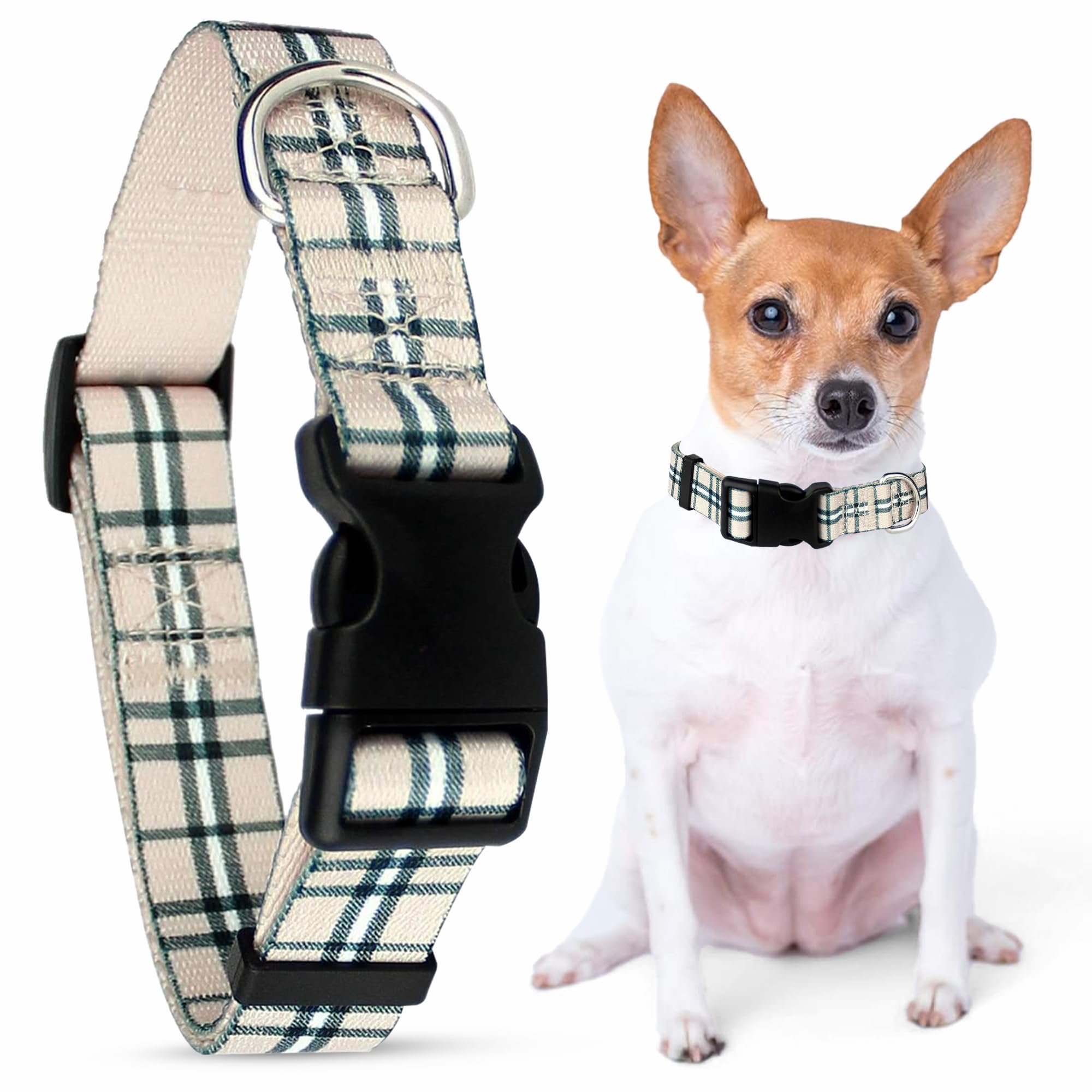 Parisian Pet Adjustable Nylon Dog Collar | Scottish Khaki Plaid Dog Collar | Size - S