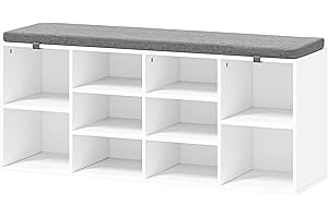 TJYGO Shoe Bench, 10 Cubbies Storage Rack Bench with Removable Padded Seat, Space Saving Shoe Shelf for Entryway, Living Room, Hallway, Bedroom