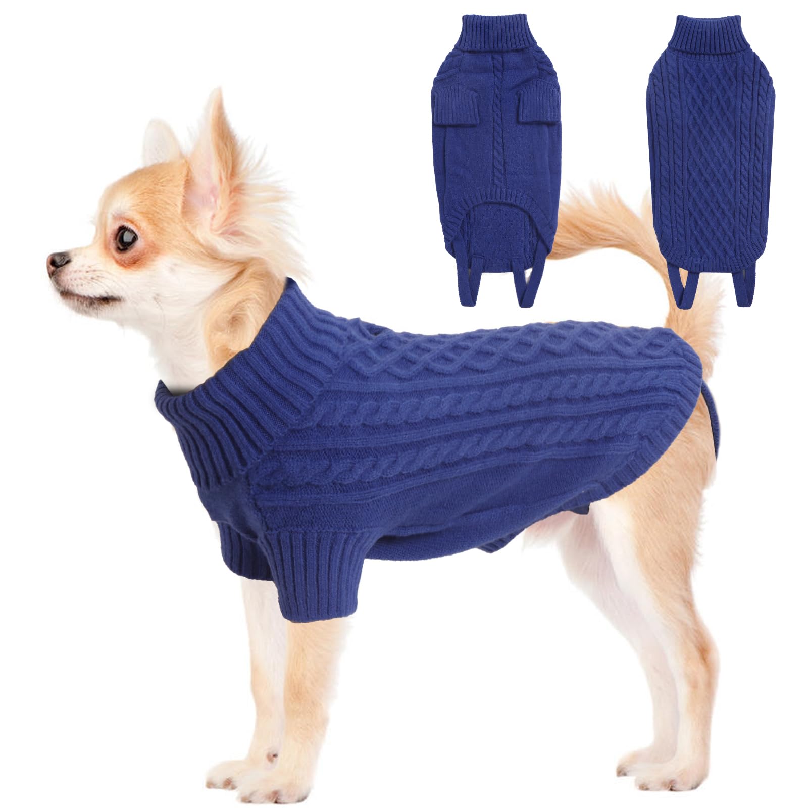 LiebeDD Small Dog Jumpers, Turtleneck Knitted Dog Sweater with Leash Hole Winter Warm Puppy Jumper for Small Dogs Cold Weather Knitwear for Chihuahua Sausage Yorkshire Terrier, Sapphire Blue