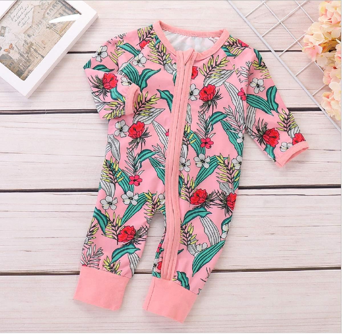 Newborn Baby Girl Floral Pink Footed Zipper Pajama Sleeper Cotton