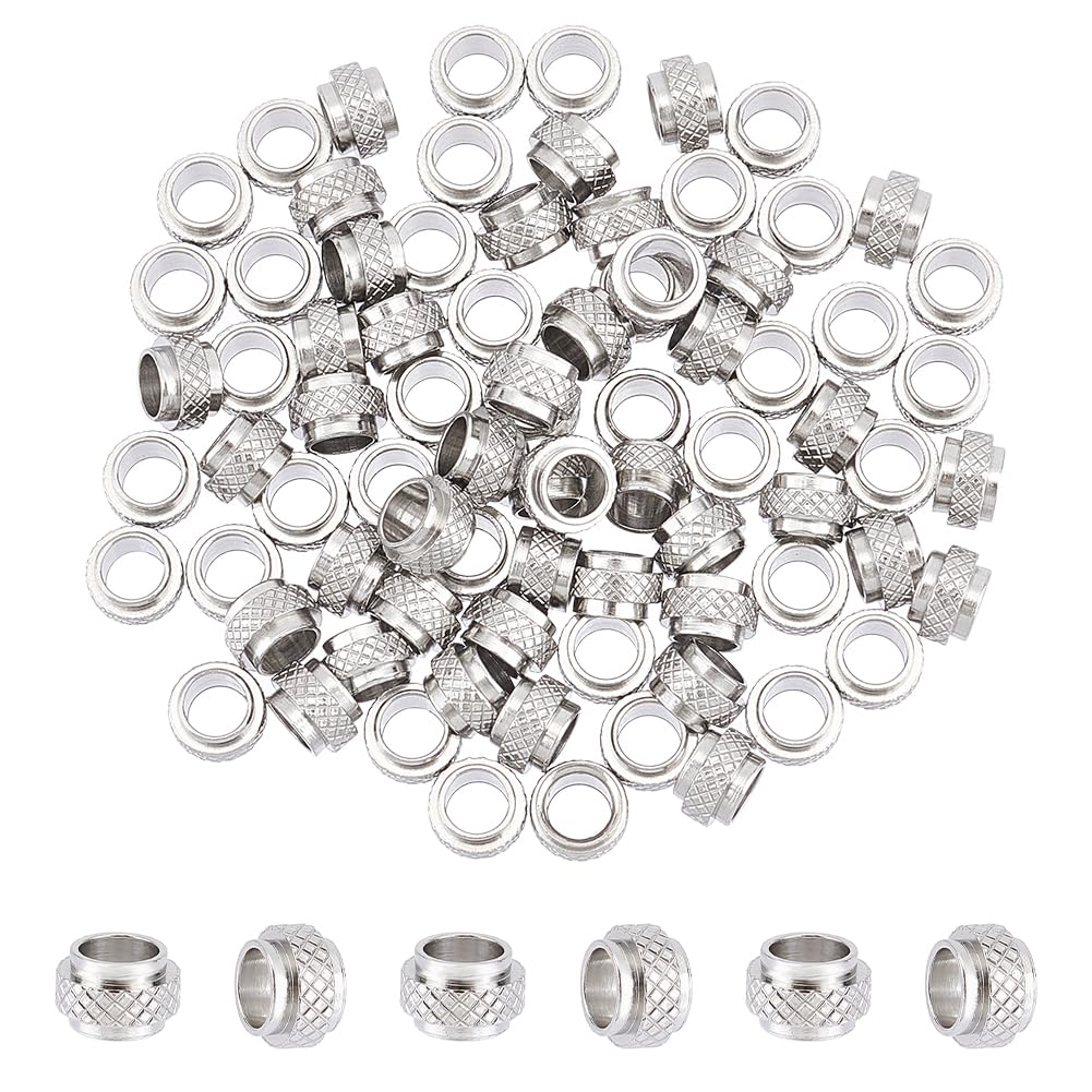 UNICRAFTALE 80Pcs 201 Stainless Steel European Beads Metal Large Hole Spacer Beads Rondelle with Patterned Beads Loose Slider Stopper Beads for DIY Bracelet Jewelry Making Hole 7mm