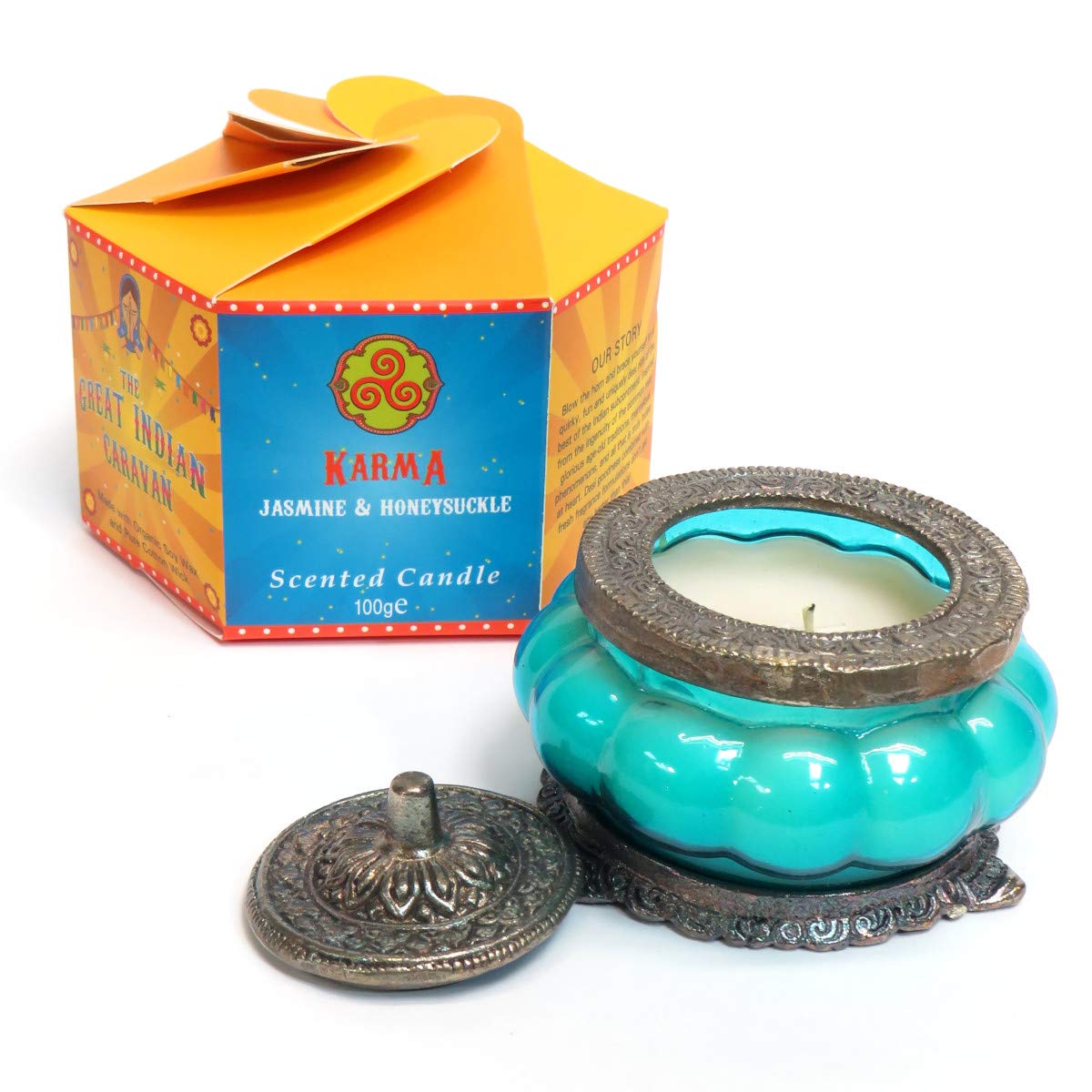 Scented Organic Candle in a vintage glass jar- Long burning soy wax form our Great Caravan Range - 100g - Fair trade product made in India (Jasmine and Honeysuckle Scent)