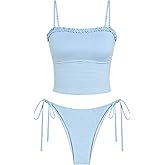 ZAFUL Women's Tankini Swimsuits Ruffles High Cut Swimwear Striped Tie Back Knot Two Piece Cheeky Bathing Suit