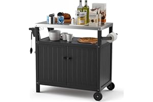TORVA Portable Outdoor Grill Cart with Storage, Waterproof HDPE BBQ Prep Table for Patio & Backyard, 304 Stainless Steel Top, All-Weather Use, Camping Cart with Wheels, 42.12" L x 20.71" W, Black
