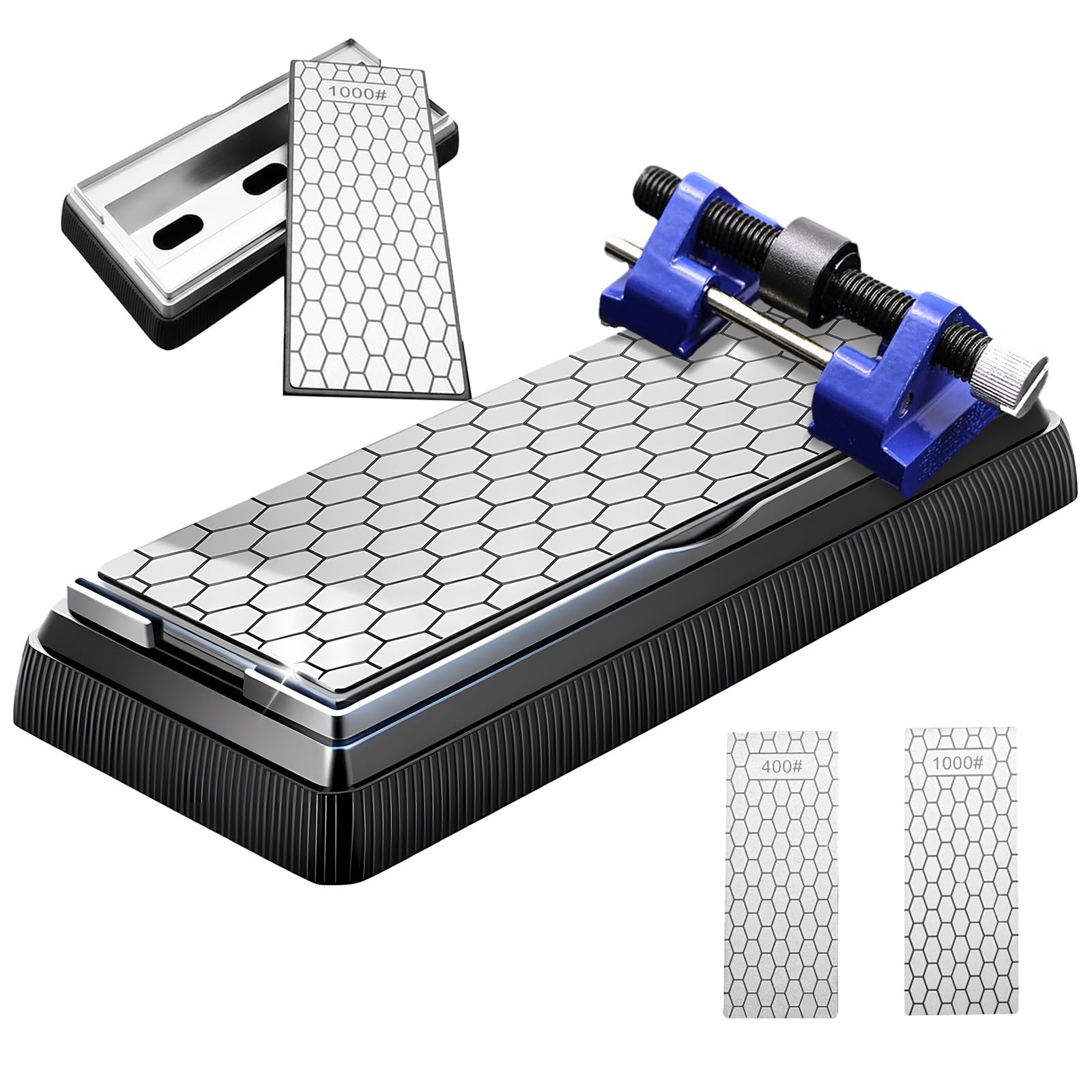 Diamond Sharpening Stones Set with 400/1000 Grit, Chisel Sharpening Kit with Chisel Honing Guide, with Box Base, Quality Diamond Sharpening Stone Set, Fine/Coarse Plate, for Kitchen and Outdoor Use