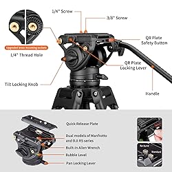 Cayer BF30L Video Tripod with Fluid Head, 73" Heavy