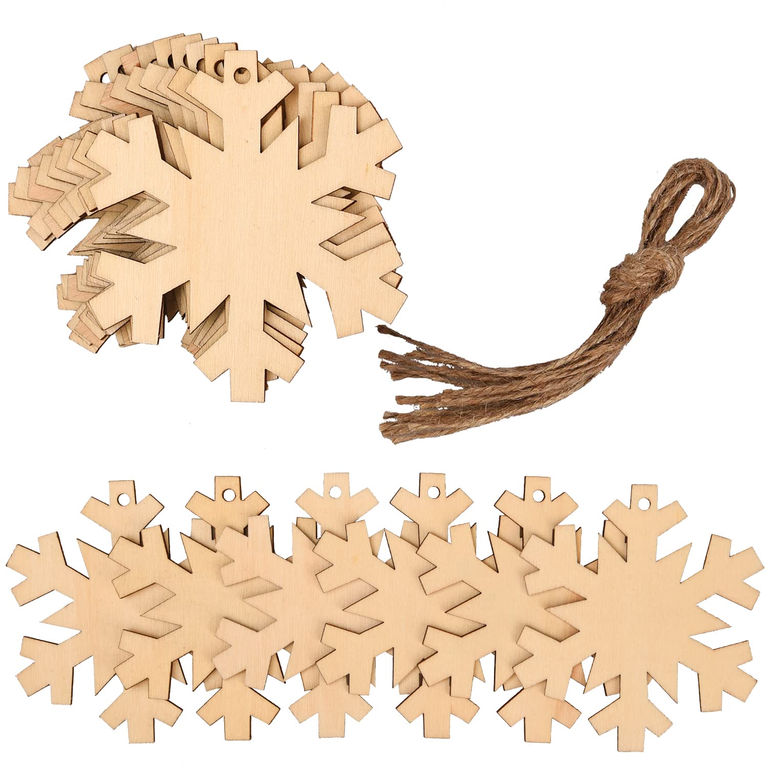 20 Piece Rustic Wooden Bauble Hanging Décor - Natural Wooden Snowflake Shape Embellishments for Christmas Wedding Party Bunting Decoration