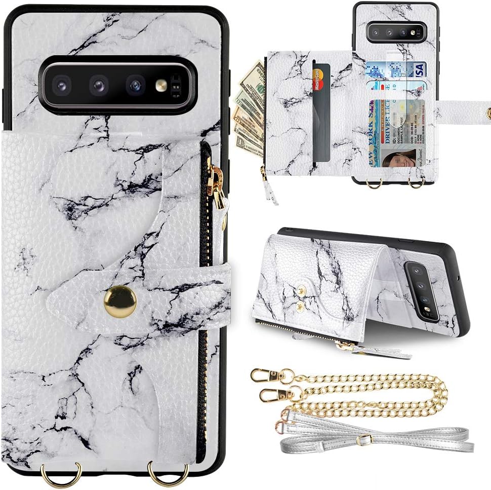 LAMEEKU Wallet Case for Samsung Galaxy S10, Galaxy s10 Leather Case with Credit Card Holder Zipper Wallet Case with Crossbody Strap Compatible Galaxy S10(2019), 6.1 inches-White Marble